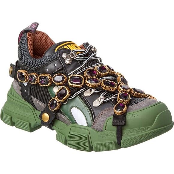 Gucci Flashtrek Chunky Green Gray Leather Crystal Embellished Sneakers Size 36.5 - Picture 1 of 9